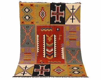 Tapete de lã e juta tecido à mão, tapete tribal geométrico em patchwork, tapete boho para sala de estar, tapete rústico para casa de campo, decoração artesanal para casa.