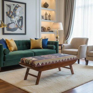 Mid century wooden bench with kilim fabric in modern living room setup