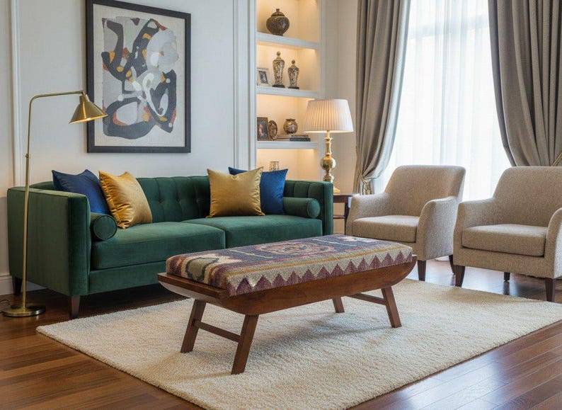 Mid century wooden bench with kilim fabric in modern living room setup