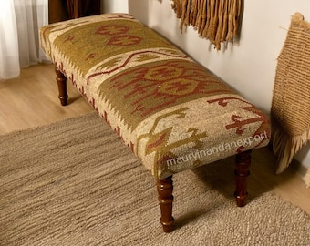 Handmade Turkish Kilim Bench | Antique Upholstery, Solid Wood Ottoman, Bohemian Decor