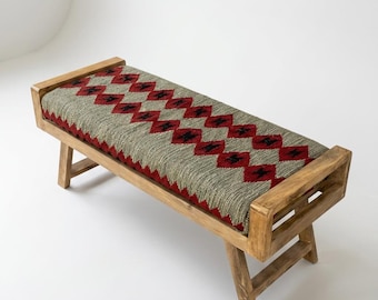 Artisan Kilim Upholstered Wooden Folding legs  Bench, Hand-Blocked Boho Entryway Seating, Modern Farmhouse bench