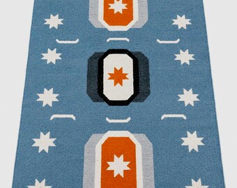 Tapete de lã e juta tecido à mão, tapete geométrico azul, tapete kilim moderno, tapete boho de trama plana, tapete com padrão de estrela escandinava, tapete feito à mão