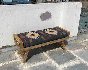 Handmade Black  Kilim Upholstered Wooden Folding legs  Bench, Hand-Blocked Boho Entryway Seating, Modern Farmhouse bench