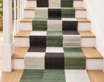 Handwoven Jute Checkered Runner | Southwestern Hallway Carpet | Modern Farmhouse Kitchen Rug | Natural Jute & Cotton Custom Stair Runner