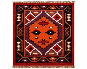 Tapete Kilim de lã e juta tecido à mão, tapete de corredor tribal, tapete de trama plana do sudoeste americano, tapete geométrico boho, tapete de entrada estilo fazenda.