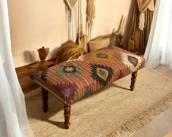 Kilim Upholstered Bench • Vintage Floral Tapestry, Wooden Legs