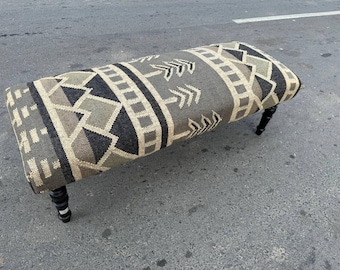 Boho Kilim Upholstered Bench, Farmhouse Ottoman Footstool