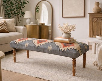 Banco Kilim tecido à mão, banco de entrada estilo sudoeste, pufe asteca azul e vermelho, banco boho para o pé da cama, banqueta rústica trançada, decoração tribal