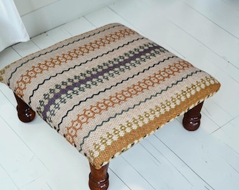Handwoven Upholstered Wooden Footstool, Boho Ottoman Stool, Handmade Rustic Foot Rest, Kilim Style Pouffe, Farmhouse Scandinavian Decor