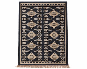Tapete de lã e juta tecido à mão, tapete boho, tapete geométrico tribal, tapete para sala de estar estilo fazenda, tapete de chão natural de trama plana.