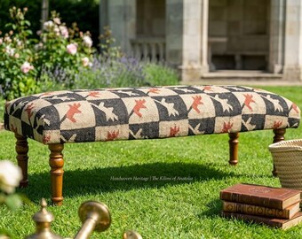 Banco estofado Kilim, banco com tapete turco, banco boho para hall de entrada, banco otomano feito à mão, banco rústico de madeira, banco para o pé da cama no quarto