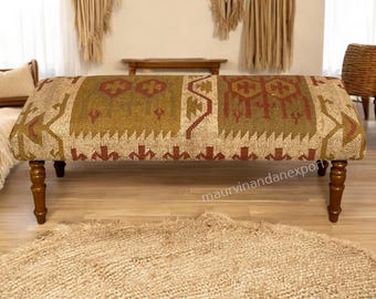 Luxury Handmade Turkish Kilim Bench | Antique Turkish Kilim Upholstery | Artisan Wooden Ottoman Bench | Bohemian Decor | Antique Upholstery