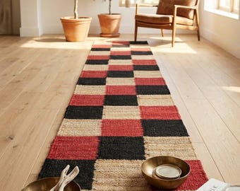Handwoven Jute Checkerboard Runner, Southwestern Hallway Carpet, Sustainable Natural Fiber Entryway Decor, Artisanal Kitchen Runner