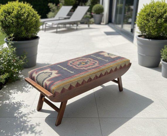 Handmade Kilim Upholstered Bench, Wooden Ottoman Bench, Tribal Entryway Bench, End of Bed Bench, Mid Century Footstool, Boho Home Decor seat