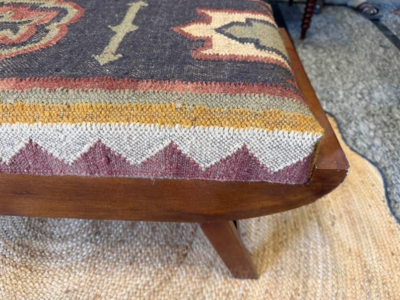 Handmade upholstered ottoman bench with rustic kilim textile