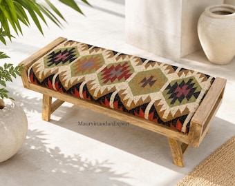 Rustic Wooden Bench with Kilim Upholstered Cushion, Luxury Farmhouse Decor, Boho Bedroom Bench, Handmade End of Bed Seat/Vintage Kilim Bench