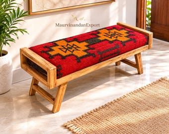 Vintage Kilim Bench, Turkish Rug Upholstered Ottoman Seat , Rustic Wooden Entryway Bench, Boho Farmhouse Furniture, Bedroom End of Bed Bench
