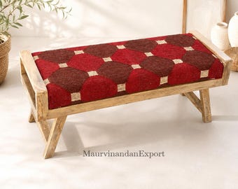 Handmade Rustic Wooden Bench, Red Kilim Upholstered Bench, Rustic Solid Wood Ottoman Seat, End of Bed Bench, Farmhouse Seating, Boho Decor