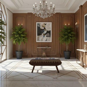 Kilim upholstered accent bench in luxury hallway interior setting