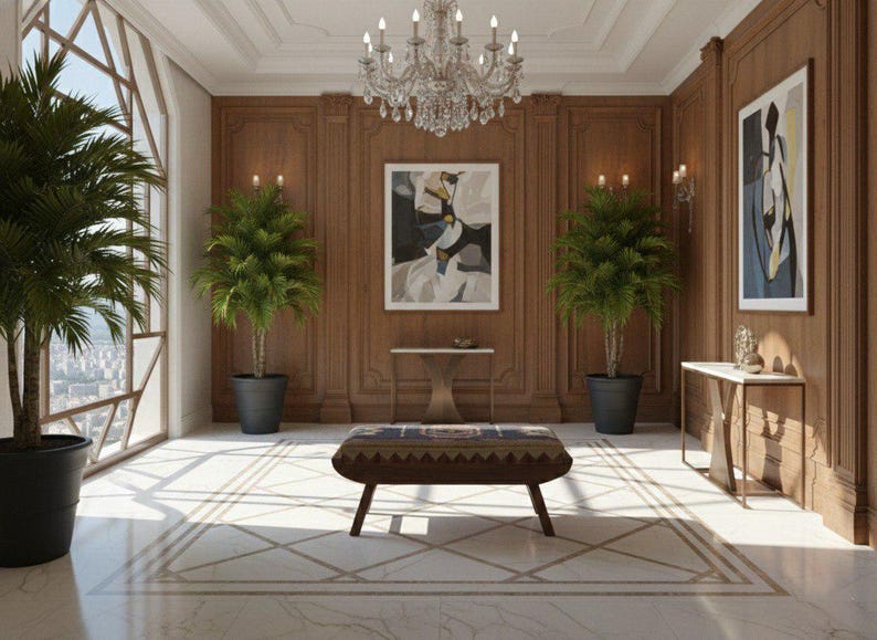 Kilim upholstered accent bench in luxury hallway interior setting