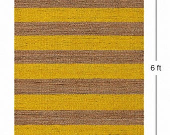 Tapete de juta amarelo, tapete listrado tecido à mão, tapete natural estilo boho campestre, tapete plano para hall de entrada, tapete ecológico para sala de estar.