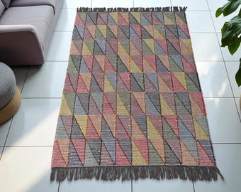 Tapete Kilim de lã e juta tecido à mão, estilo boho com padrões geométricos tribais, decoração de destaque, tapete durável feito à mão para sala de estar e quarto.