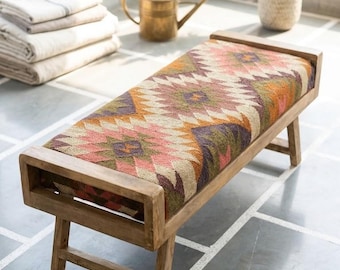 Southwestern Kilim Upholstered Wooden Bench | Handmade Rustic Entryway Bench | Boho Farmhouse Ottoman Seating | Vintage Style Kilim Decor