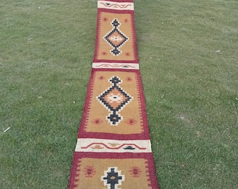 Tapete Kilim de lã e juta tecido à mão, tapete de corredor tribal, tapete de corredor boho de trama plana, tapete geométrico de estilo campestre, tapete de entrada do sudoeste.