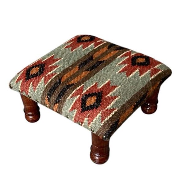 Handwoven Kilim Footstool Ottoman, Solid Wood Legs, Boho Decor