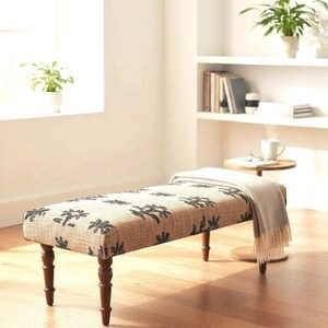 Handwoven Kilim Bench, Upholstered Entryway Accent Seating, Boho Neutral Wooden Legs