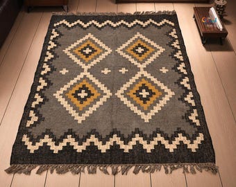 Handwoven kilim Wool Jute Dhurrie Rug, Traditional Indian Area Rug, Durable Handmade Floor Decor, Boho Bohemian Accent Carpet, Boho Decor