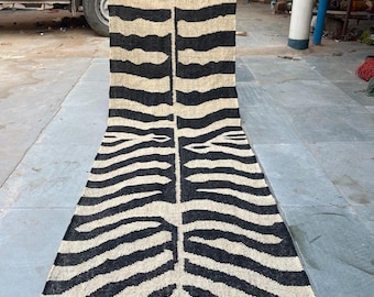 Tapete Kilim artesanal com padrão de zebra - Passadeira de lã e juta para corredor - Tecido plano de lã e juta - Tapete geométrico estreito para entrada