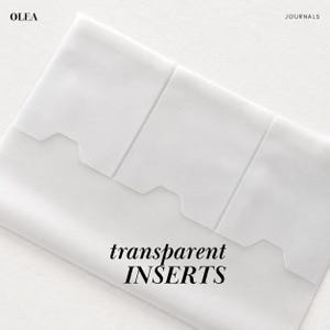 May include: A set of three translucent white plastic dividers with notched tabs, featuring the text OLEA JOURNALS in the top corners and the words transparent INSERTS printed in black in the centre of the rectangular sheets.