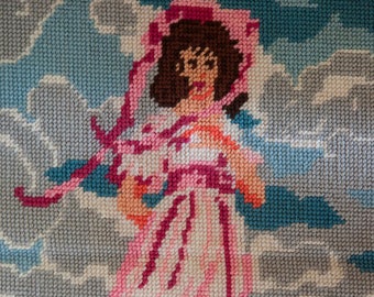 Finished Vintage Needlepoint, Girl in Pink Needlepoint