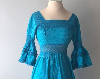 Boho Festival Dress, Mexican Wedding Dress, Vintage Pintuck Dress, Blue Maxi Mexican Dress