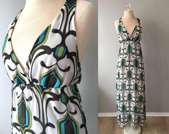 Geometric Chiffon Halter Maxi Dress Y2k 90s