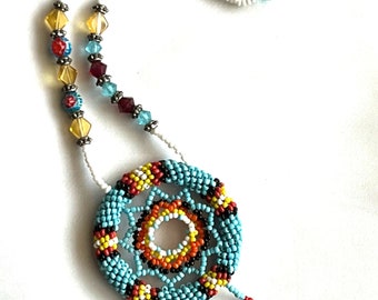Beaded Turquoise Native American Southwest Medallion Pendant Necklace