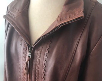 Vintage Brown Leather Zip Jacket: Boho Festival Style, Women's Large