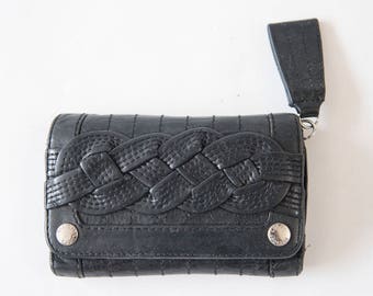 Genuine Leather Wallet, Black Leather Wallet, Tooled Leather Wallet, Woven Leather Wallet