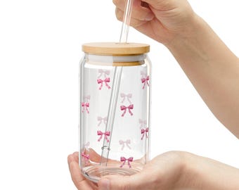 Pink Bow Glass Tumbler 16oz with Lid Straw, Coquette Iced Coffee Cup, Soft Girl Gift for Her
