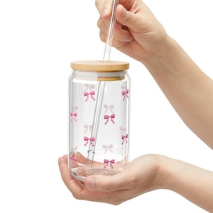 Cute Pink Bow Glass Tumbler With Lid & Straw 16oz | Coffee Lover Gift | Cute Coqeutte Drinkware | Eco-Friendly Glass|Gift For Her |Cute Gift