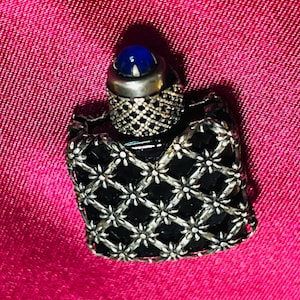 Vintage sterling silver French Filigree Perfume Bottle with Blue Cabochon – Made in France – Miniature Vanity Collectible