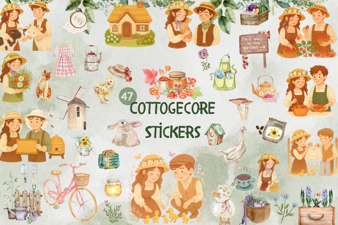 Cottagecore PNG Sticker Set | 47 Digital Stickers + 5 Seamless Floral ...