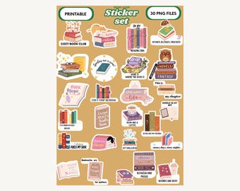 May include: A printable sticker set for book lovers, featuring various designs with book-related themes. The stickers include phrases like "Cozy Book Club," "Book Magic," and "Reading Era," along with illustrations of books and coffee.