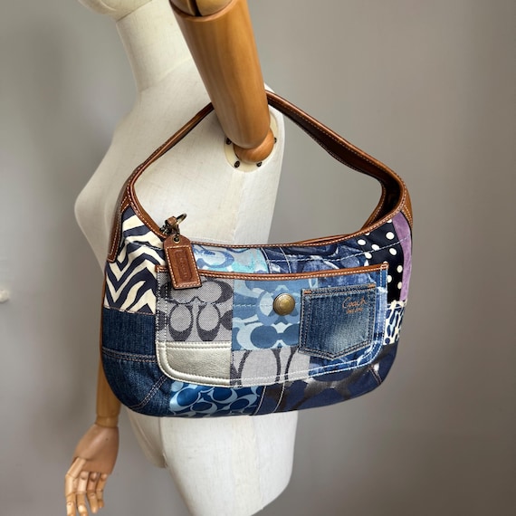 バッグ Coach Patchwork Denim Accessory Pouch Coach Accessory Pouch Mini Bag Leather Denim Patchwork Indigo