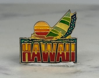 Hawaii Souvenir Pin: Enamel Surfboard Sunset - Vintage Travel Accessory