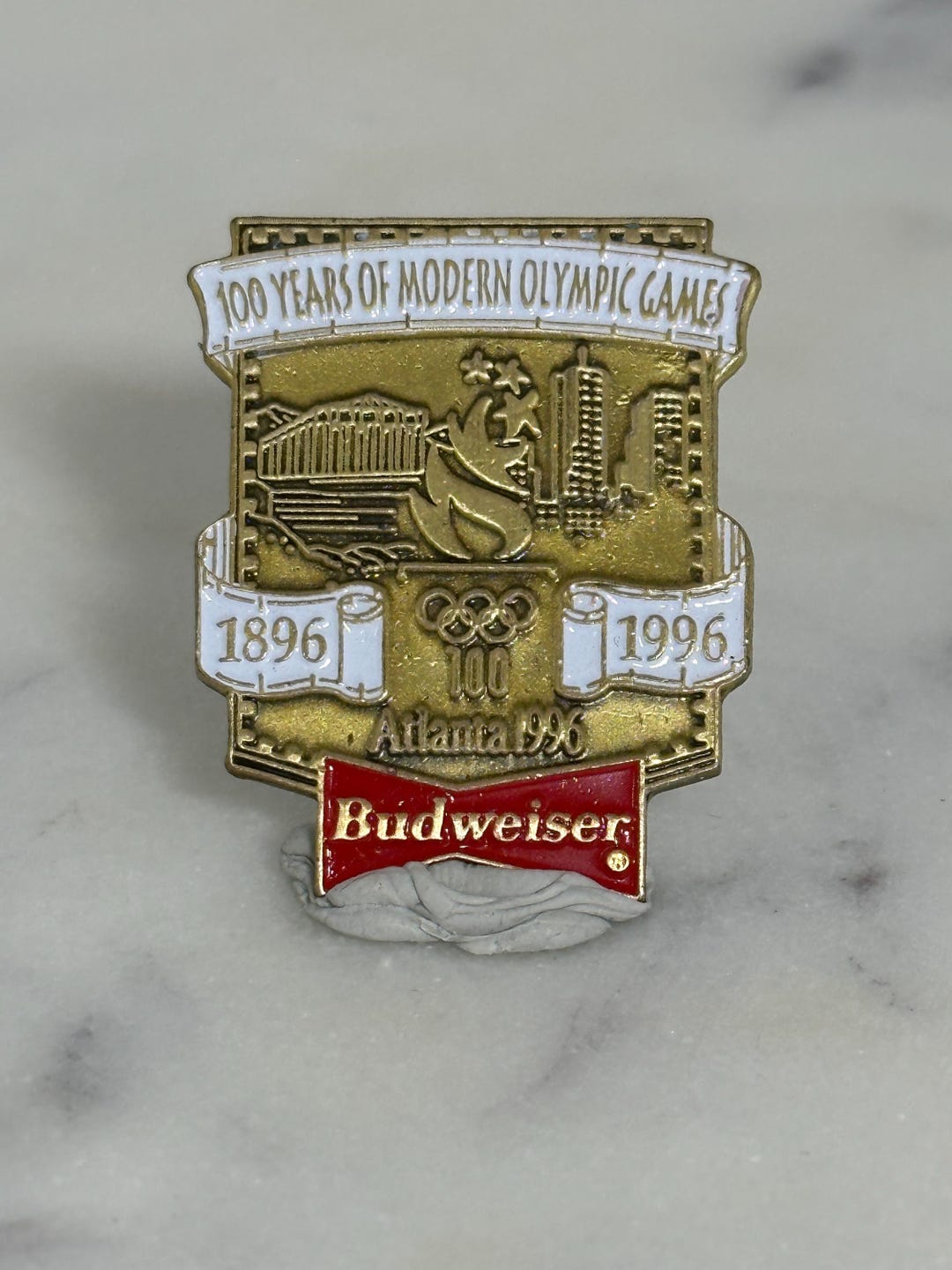 Olympic Games Budweiser Pin: Gold Enamel - 1996 Atlanta Vintage