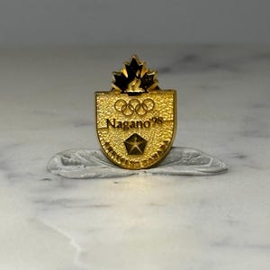 May include: A gold-colored pin featuring the Nagano '98 Olympic logo. The pin is shield-shaped with the Olympic rings, the text "Nagano '98", and a star. A maple leaf design tops the shield.