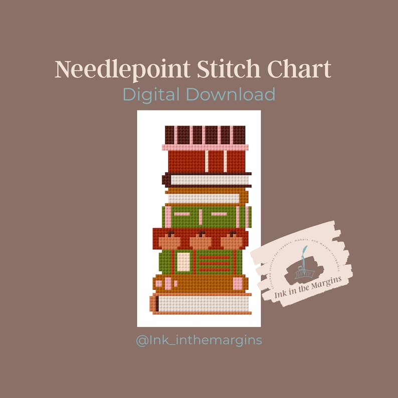 May include: Needlepoint stitch chart digital download featuring a stack of books in a cross-stitch style. The books are in shades of brown, green, and pink. The text "Needlepoint Stitch Chart Digital Download" is at the top.