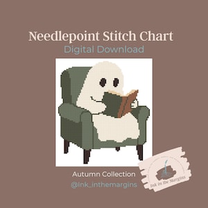 May include: Digital download of a needlepoint stitch chart. The image features a cartoon ghost reading a book while seated in a green armchair. The text reads "Needlepoint Stitch Chart Digital Download" and "Autumn Collection @Ink_inthemargins".
